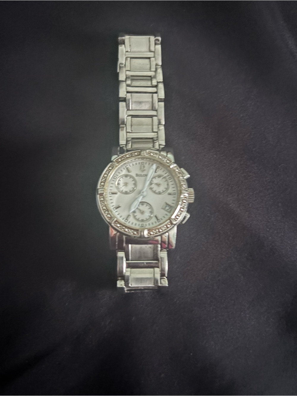 Bulova Silver Chronograph Watch with Crystal Bezel